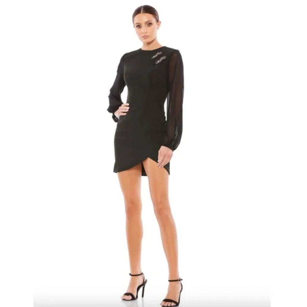 MAC DUGGAL 26640 Black Chiffon Bishop Sleeve Cocktail Mini Dress Size 2 NWT